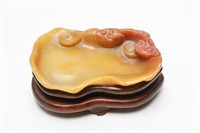 Carved Hardstone Yellow Dish w Carved Wood Base