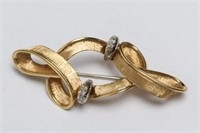 Italian 18K Gold Ribbon & Diamond Brooch