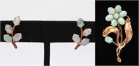14K Gold & Opals Flower Brooch & Leaf Earrings