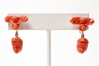 14K Gold Italian Carved Coral Face Dangle Earrings