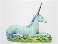 Italian Recumbent Unicorn Ceramic w Brass Horn