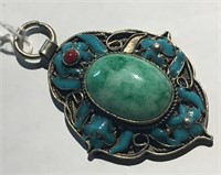 Oriental Silver & Enameled Pendant With Stone