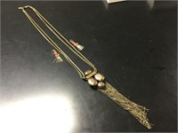 Gold Tassle Necklace & Coral Earrings