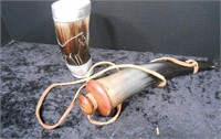 Decorative Powder Horn & Carved Drinking Horn Cup