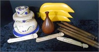 Wooden Candlestick, Bananas, Spindles, & Vase