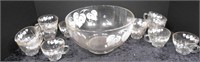 Leaf Design 10" Dia Glass Punch Bowl & 12 Cups