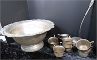 Silver Plated 17" Punch Bowl, Ladle & 11 Cups