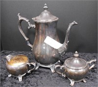 Silver Plated Teapot, Cream & Sugar by Wm Rogers