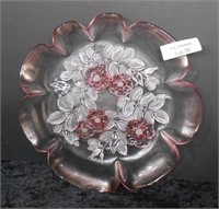 Pink Floral Design Glass Bowl with Fluted Edges