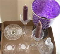 Clear Glass Candleholders, Dishes, Mosaic Vase