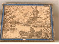 Vintage Handwoven Framed Art: Watermill & Boat
