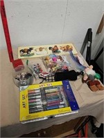 Art set, toy figurines, wood picture puzzle, and