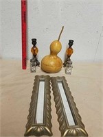 Metal and glass candlesticks, gourd, glass salt