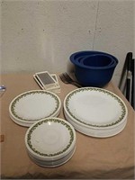 Group of Corelle plates with mixing bowls,
