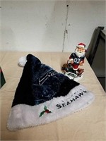 Seattle Seahawks Santa Claus statue and Santa hat