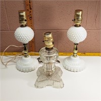 2 Milk Glass Lamps & 1 Cut Glass Lamp