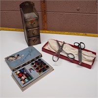 Vintage Sewing Kit, Wooden 3 Drawer Unit, &