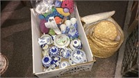 Box lot of blue and white china, colorful teddy