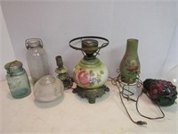 Vintage Lot-2 Mason Jar, 3 Elec Glass Lamps