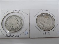 1908 D & 1912 S Barber Half Dollars
