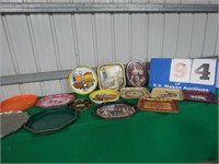 GROUP OF TRAYS TIN, PLASTIC, BAMBOO