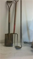 3 garden tools, shovel, fork and hoe