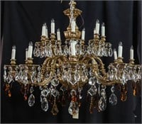 GILT BRASS CUT FACETED CRYSTAL & AMBER CHANDELIER
