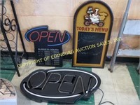 (2) LIGHTED OPEN SIGNS & TODAYS MENU CHALBOARD