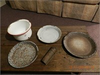 LOT ASSORTED GRANITE WARE - TRAYS - POTS - GRATER