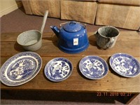 LOT ASSORTED GRANITE WARE - TEA KETTLE - DIPPER -