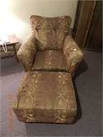 UPHOLSTERED OCCASSIONAL CHAIR & OTTOMAN (AS NEW)