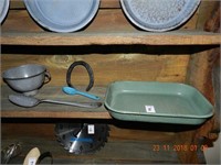 GRANITE  WARE TRAY / FUNNEL / 2 SPOONS / HORSESHOE