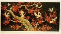 FOUR ASIAN LACQUERED BIRDS IN TREE PANELS