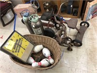 Peddle tractor, fire ext, basket, lots of antiques