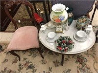 Antique set, chair, marble top table, rug, & more