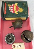 Lot w/miners lamp, sleigh bell, clock & advertisi