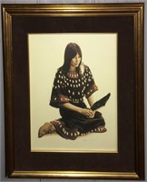 Signed Bama Print, Sioux Indian With Eagle Feather
