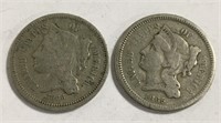 Two 1865 And 1866 Three Cent Nickel Coins