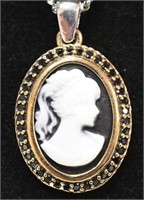 Ladies Sterling Silver Cameo with Onyx Necklace