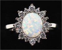 Ladies Sterling Silver Opal & White Sapphire Ring