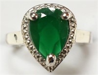 Ladies Sterling Silver Pear Cut Emerald Ring
