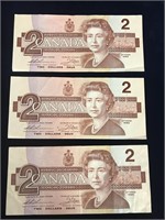 Three 1986 Canadian Two Dollar Bills