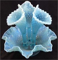 FENTON BLUE OPALESCENT 3 HORN EPERGNE