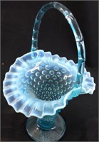 FENTON BLUE OPALESCENT RUFFLED EDGE BASKET