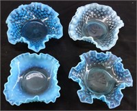 4 FENTON SMALL BLUE OPALESCENT RUFFLED EDGE DISHES