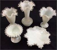 5 FENTON SILVER CREST RUFFLED WHITE VASES