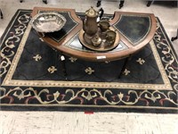 Vintage kidney table, contents & rug leather top