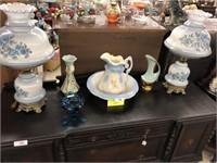 Pair of vintage lamps, basin, and vases