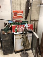 Vintage selection, bottles, coke sign, seeder +