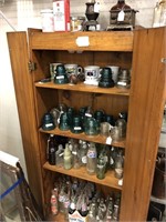 vintage pine cabinet w/ bottles & more